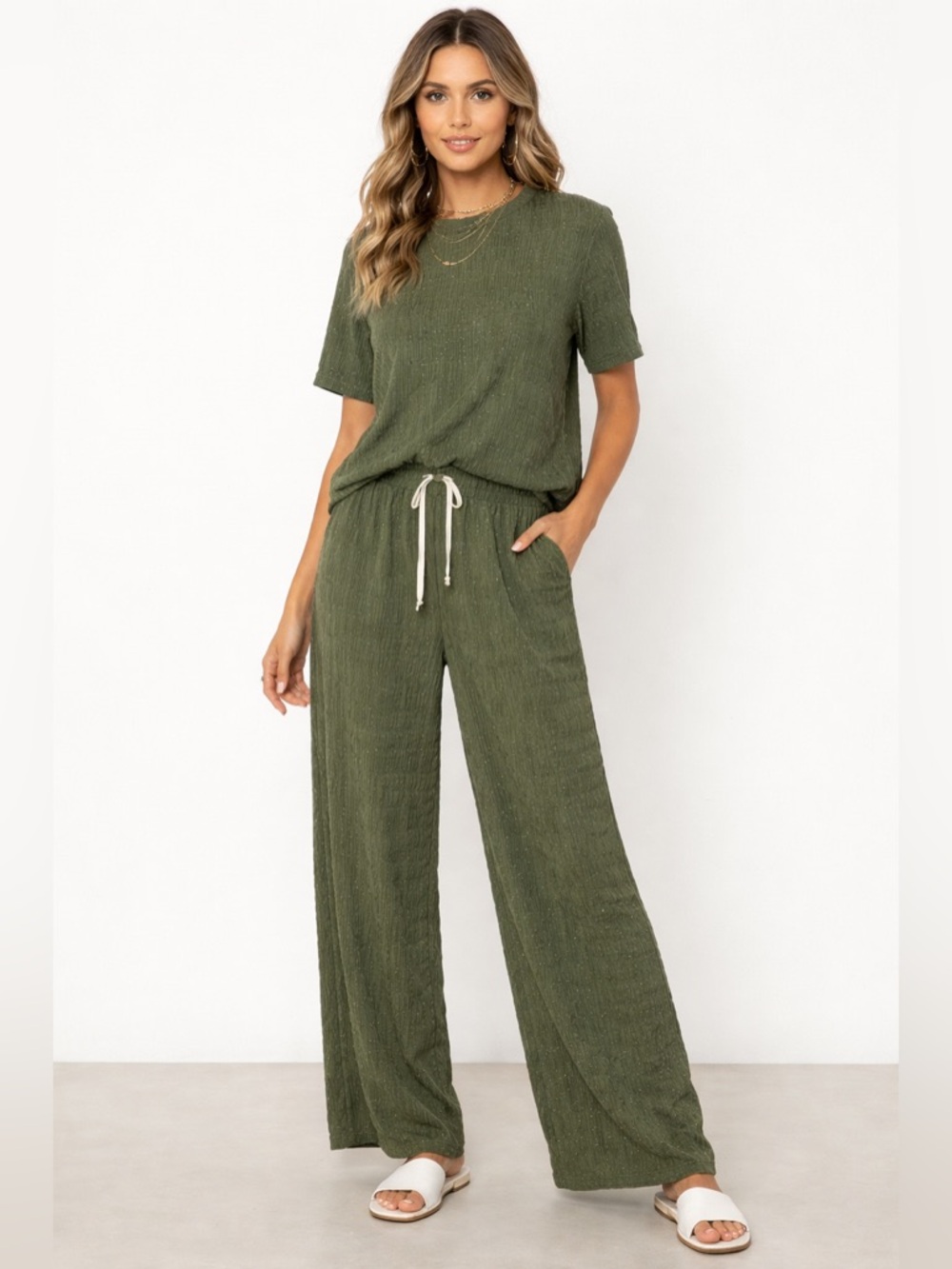 Olive Wide-Leg Drawstring Pants & Top Set - Women